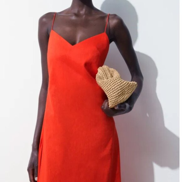 Cos Atelier The V-Neck Linen Maxi Dress - Bright Orange NWT retail $290 - Picture 4 of 16